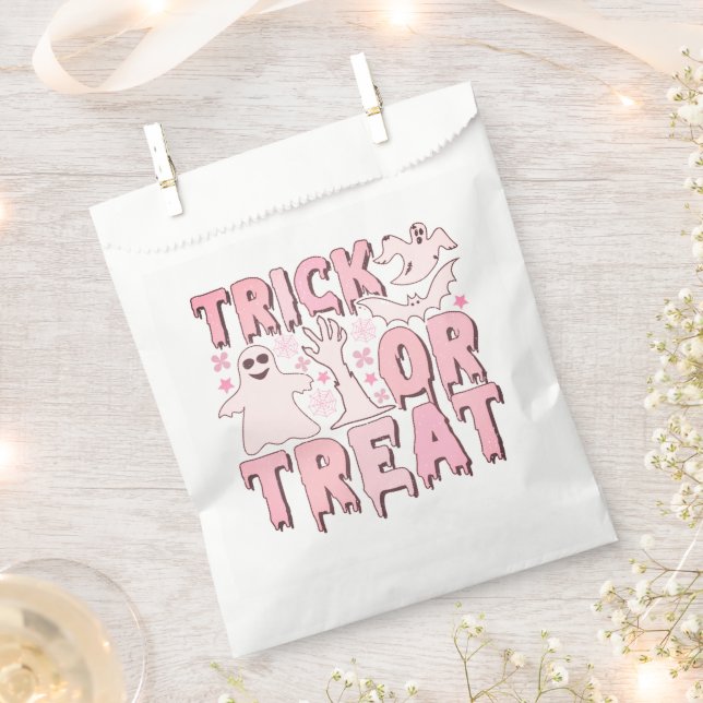 Ghosts Bats Pink & White Trick or Treat Halloween Favour Bag (Clipped)