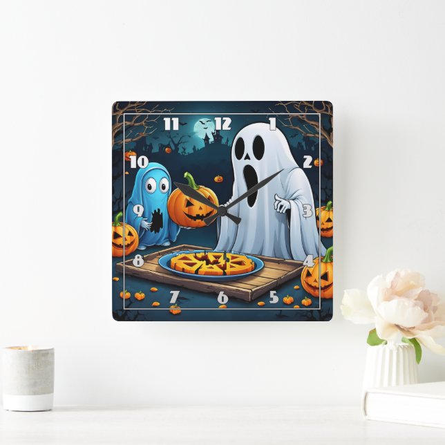 Ghosts carving pumpkins on Halloween Square Wall Clock (Home)