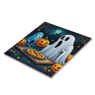 Ghosts carving pumpkins on Halloween Tile