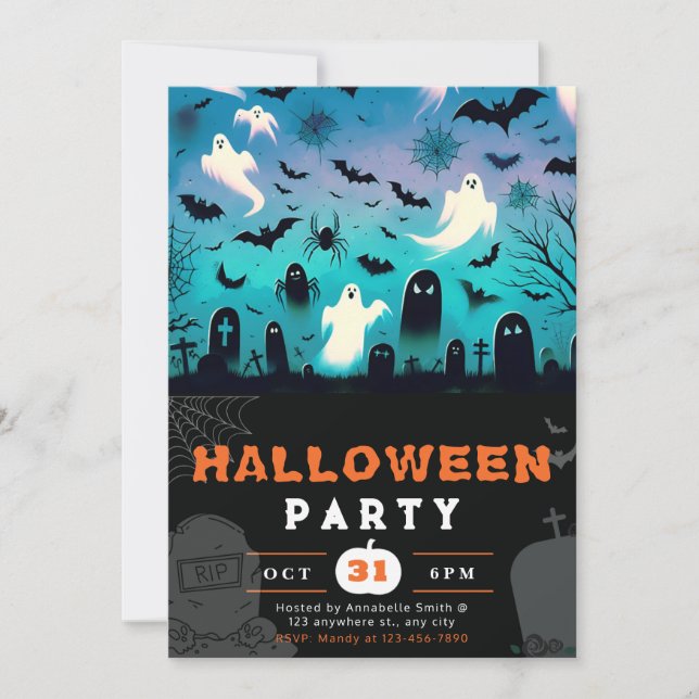 Ghosts Cemetery Bats Spiderwebs Creepy Halloween Invitation (Front)