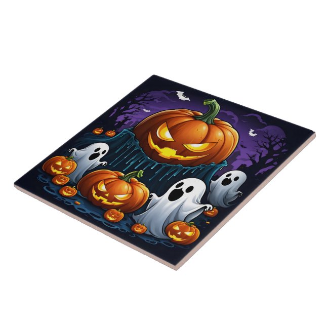 Ghosts gather by glowing pumpkins at night tile (Side)