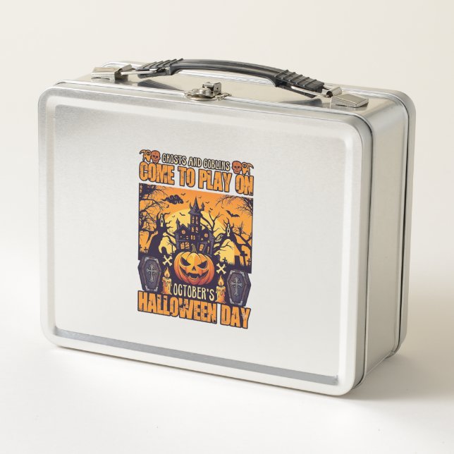Ghosts Goblins Halloween Come Play October Haunted Metal Lunch Box (Front)