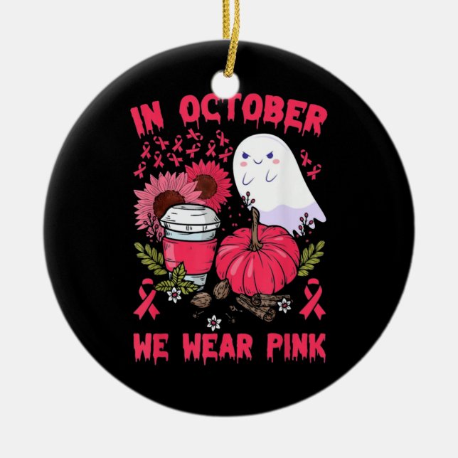 Ghosts Pumpkins For Breast Cancer Ceramic Ornament (Front)