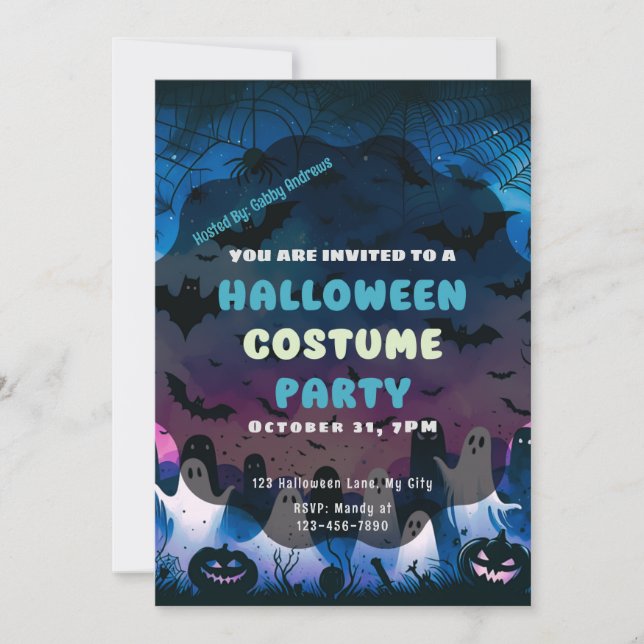 Ghosts Pumpkins Sky Blue Pink Halloween Invitation (Front)