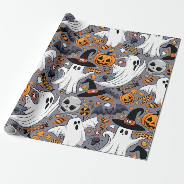 Ghosts Spooky and Creepy Cute Monsters Wrapping Paper (Unrolled)