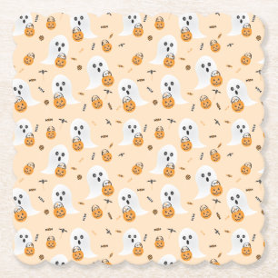 Ghosts Trick Or Treat Halloween Candy Pail Pattern Paper Coaster