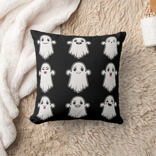 Ghosts With Different Face Expressions Halloween Throw Pillow (Blanket)