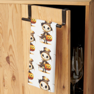 Ghoul Top Hat Jack-o' Lantern White Halloween Kitchen Towel