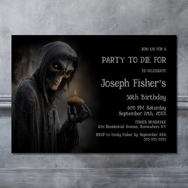 Ghoulish Grim Reaper with Cupcake Birthday Party Invitation (Creator Uploaded)