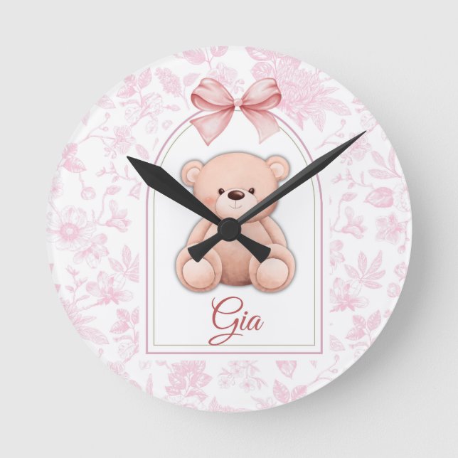 Gia | Custom Pink Teddy Bear Nursery Design  Round Clock (Front)