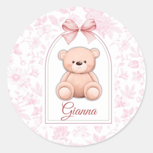 Gianna | Custom Pink Teddy Bear Nursery Design  Classic Round Sticker (Front)