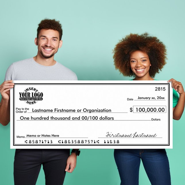 Giant Blank Check for Sweepstakes & Awards Poster (Big Check Poster for Charity and Sweepstakes Winners - Add your logo on this paper poster)