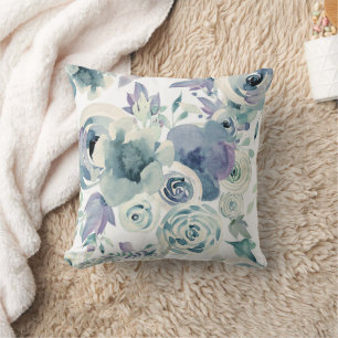 Giant Blue Teal Roses Watercolor Throw Pillow