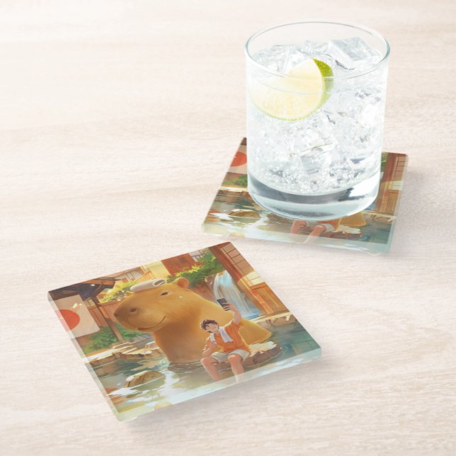 Giant Capybara – Hot Spring Illustration Glass Coaster (Angled)