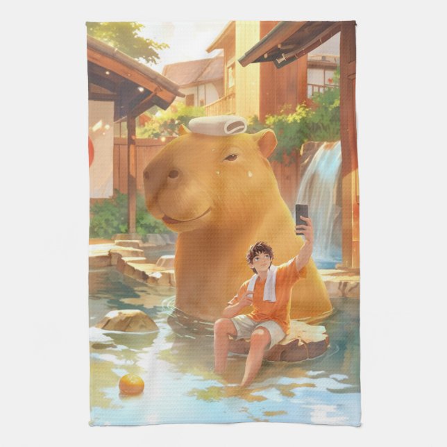 Giant Capybara – Hot Spring Illustration Kitchen Towel (Vertical)