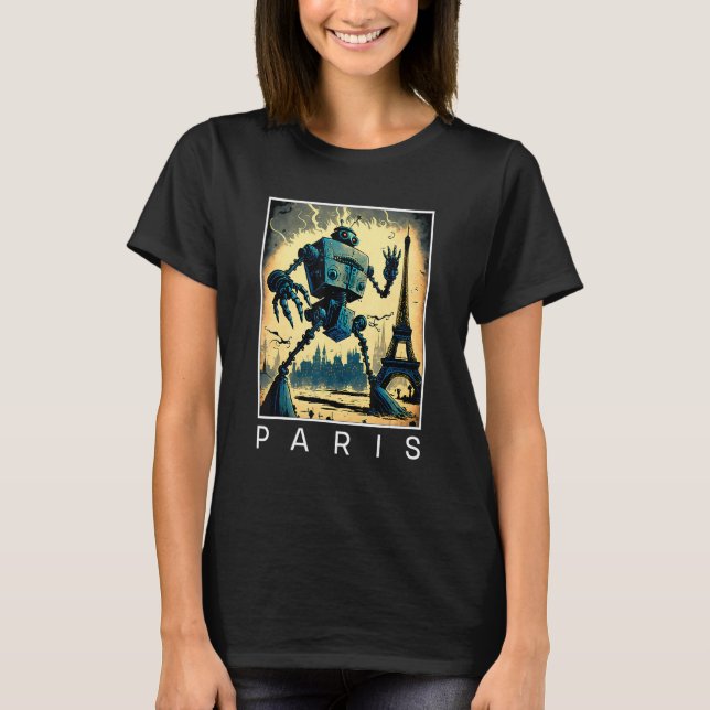 Giant Evil Robot Attacking Paris     Sci Fi T-Shirt (Front)