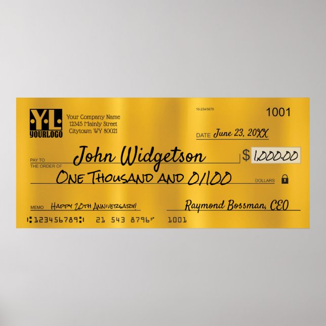 Giant faux presentation check charity bonus prize poster (Front)