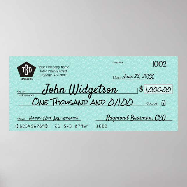 Giant faux presentation check charity bonus prize poster (Front)