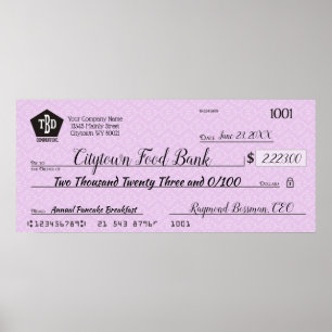 Giant faux presentation check charity bonus prize poster