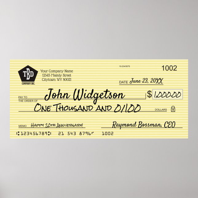 Giant faux presentation check charity bonus prize poster (Front)