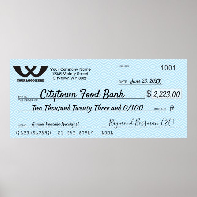 Giant faux presentation check charity bonus prize poster (Front)