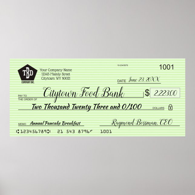 Giant faux presentation check charity bonus prize poster (Front)