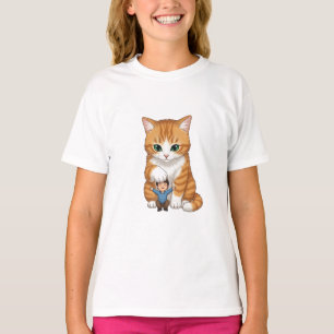 Giant Ginger Cat Hugging Tiny Happy Human Kids T-Shirt
