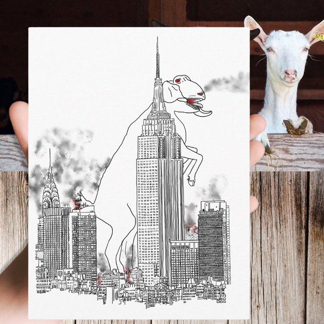 Giant Goat Attack in New York Funny Animal Art Postcard (Funny giant goat in New York City film parody line art drawing)