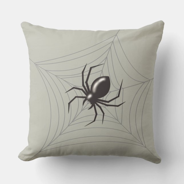 Giant Halloween Spider in its Web grey bg Throw Pillow (Front)