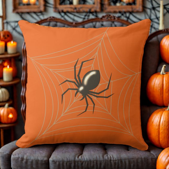 Giant Halloween Spider in its Web orange bg Throw Pillow (Creator Uploaded)