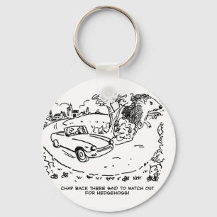 Giant Hedgehog and Sports Car Cartoon. Funny Keychain