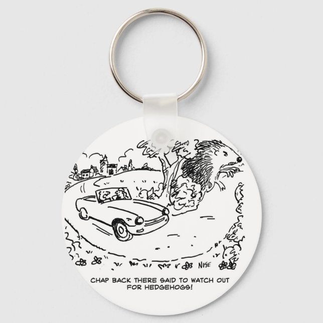 Giant Hedgehog and Sports Car Cartoon. Funny Keychain (Front)