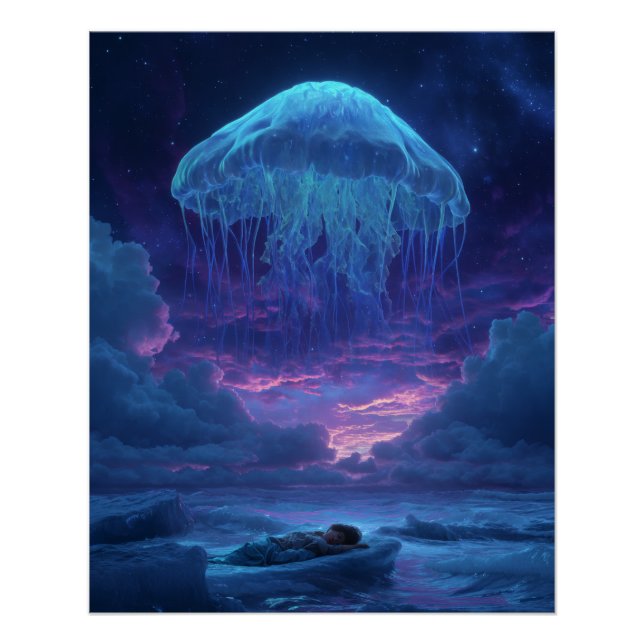 Giant Luminous Jellyfish Over Dream Ocean Poster (Front)