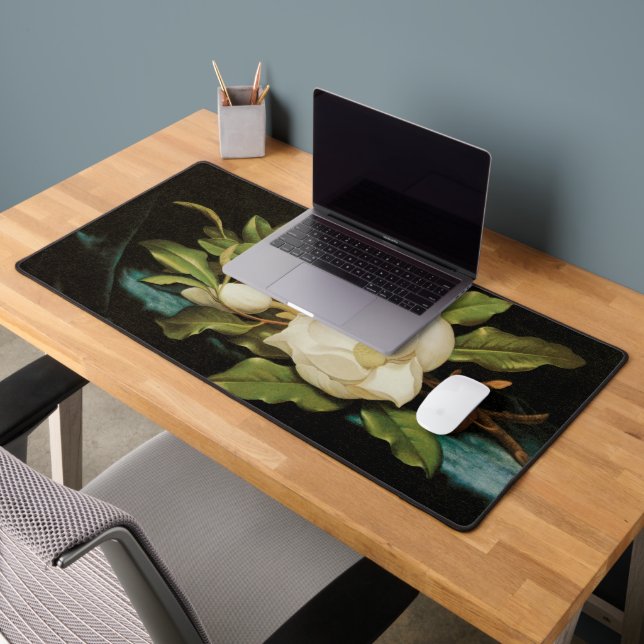 Giant Magnolias on a Blue Velvet Cloth by MJ Heade Desk Mat (Office 2)