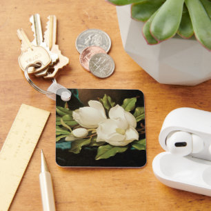 Giant Magnolias on a Blue Velvet Cloth by MJ Heade Keychain