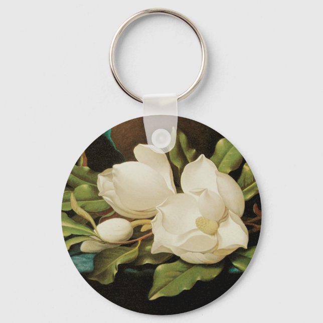 Giant Magnolias on a Blue Velvet Cloth by MJ Heade Keychain (Front)
