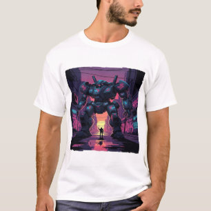 Giant Mech Robot vs Human Cyberpunk City Sunset T-Shirt