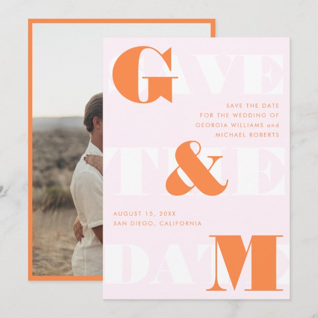 Giant Monogram Ampersand Peach Orange Pink Wedding Invitation (Front/Back)