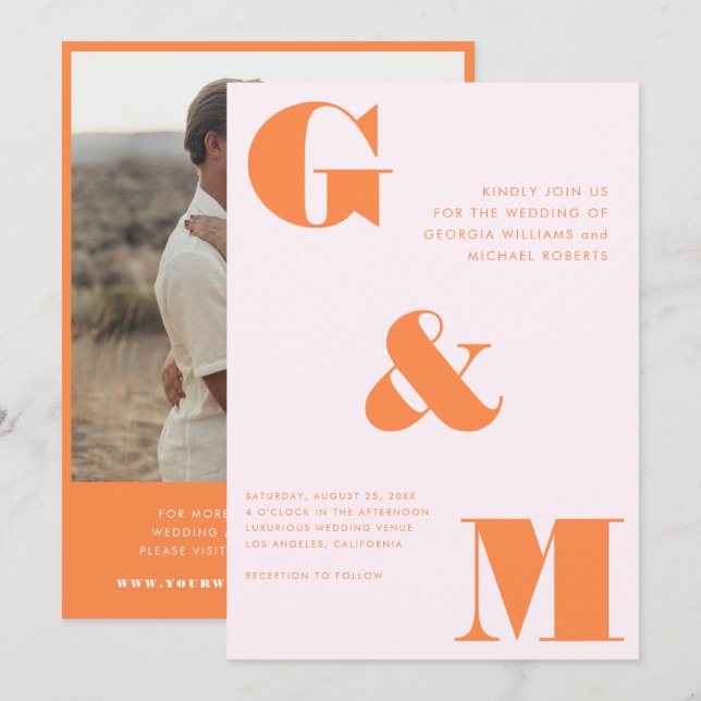 Giant Monogram Ampersand Peach Orange Pink Wedding Invitation (Front/Back)