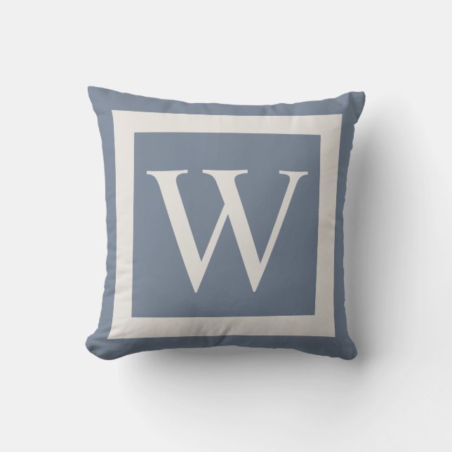 Giant Monogram on Dusty Blue Throw Pillow (Front)