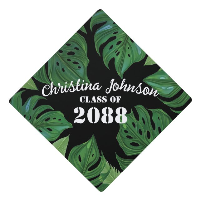 Giant Monstera Jungle Leaves Botany Biology Black Graduation Cap Topper (Front)