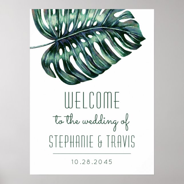 Giant Monstera Leaf Beach Wedding Welcome Sign (Front)