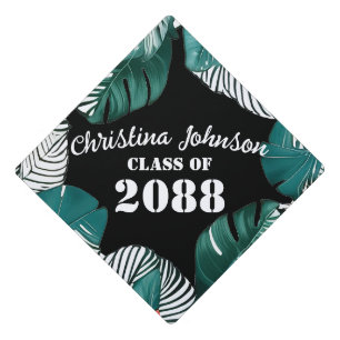 Giant Monstera Plants and Jungle Leaves Black Graduation Cap Topper
