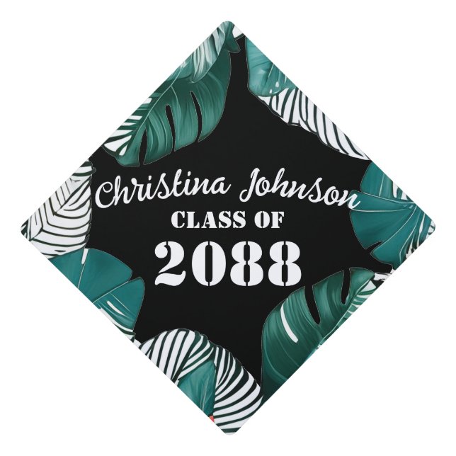 Giant Monstera Plants and Jungle Leaves Black Graduation Cap Topper (Front)
