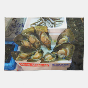 Giant Mussels Tsukiji Fish Market, Tokyo, Japan Kitchen Towel