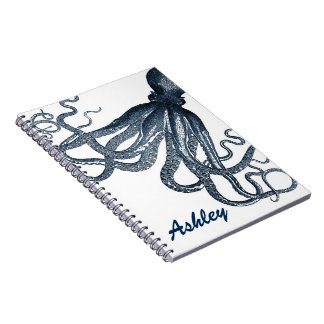 Giant Navy Blue Octopus Steampunk Personalized Notebook