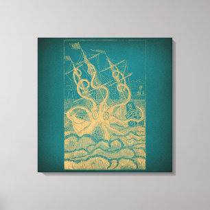 Giant Octopus Attacking Ship Teal Antique Kraken Canvas Print