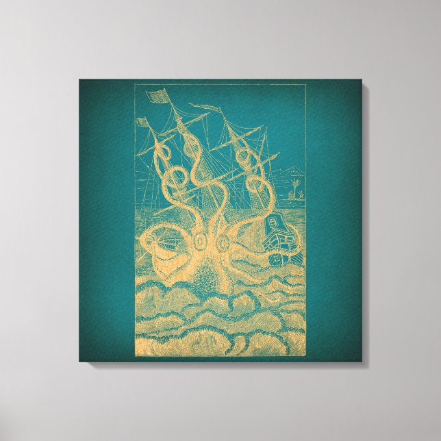 Giant Octopus Attacking Ship Teal Antique Kraken Canvas Print (Front)