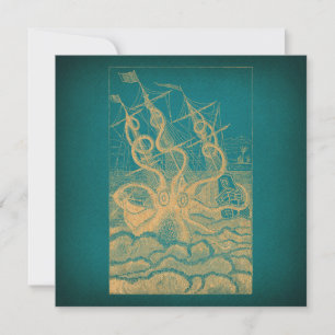 Giant Octopus Attacking Ship Teal Antique Kraken Card