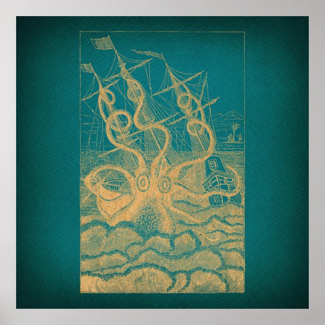 Giant Octopus Attacking Ship Teal Antique Kraken Poster (Front)